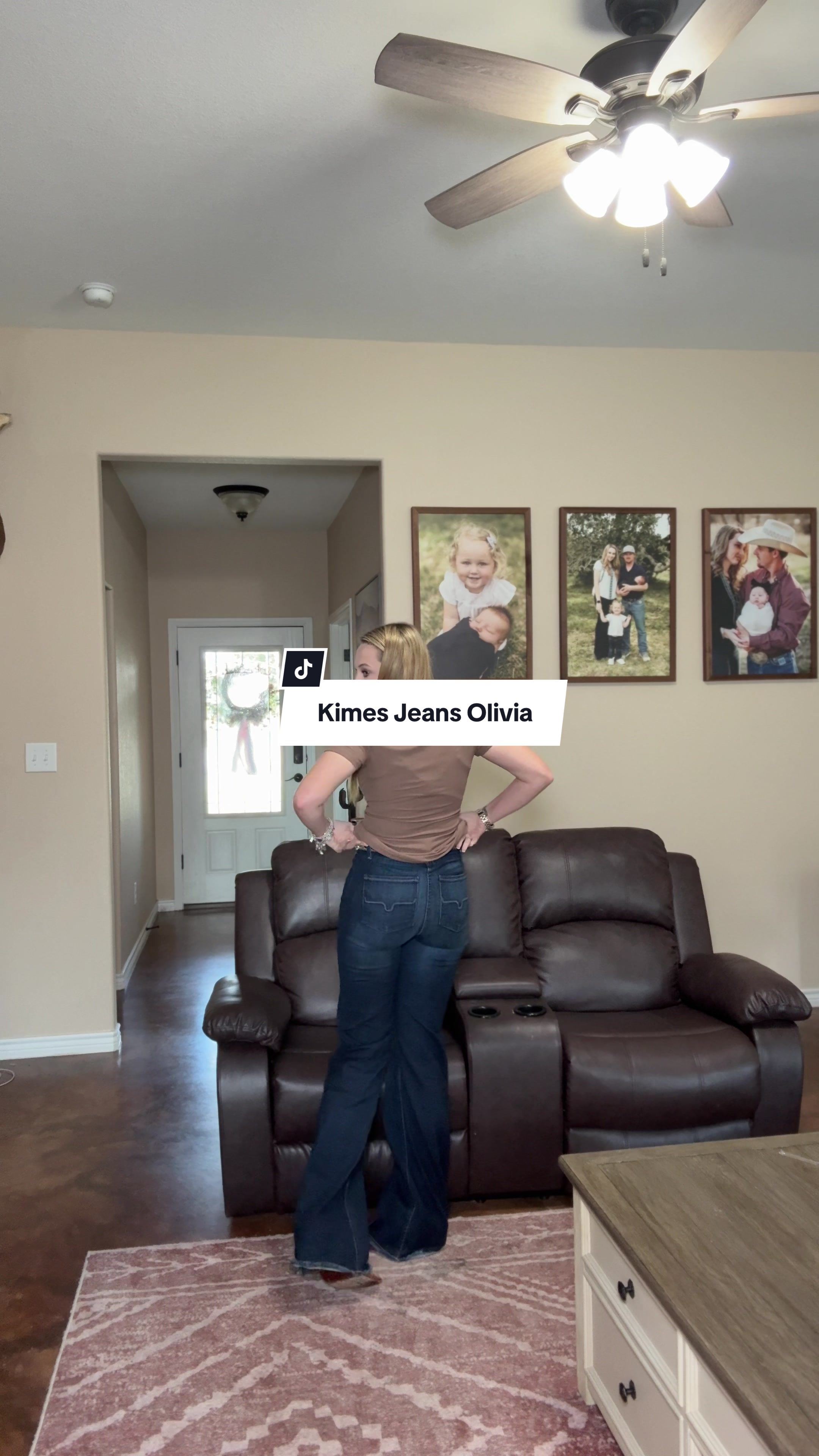 TikTok post by @alexisthompson_txranches for Kimes Ranch Jeans. Caption reads: @Kimes Ranch made the Olivia’s in a dark wash and....