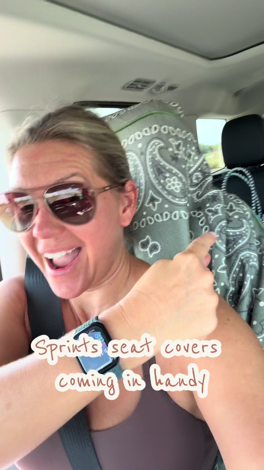 TikTok post by @pearlsandponies for Sprints. Caption reads: @Sprints Running seat cover saving the day! [...].