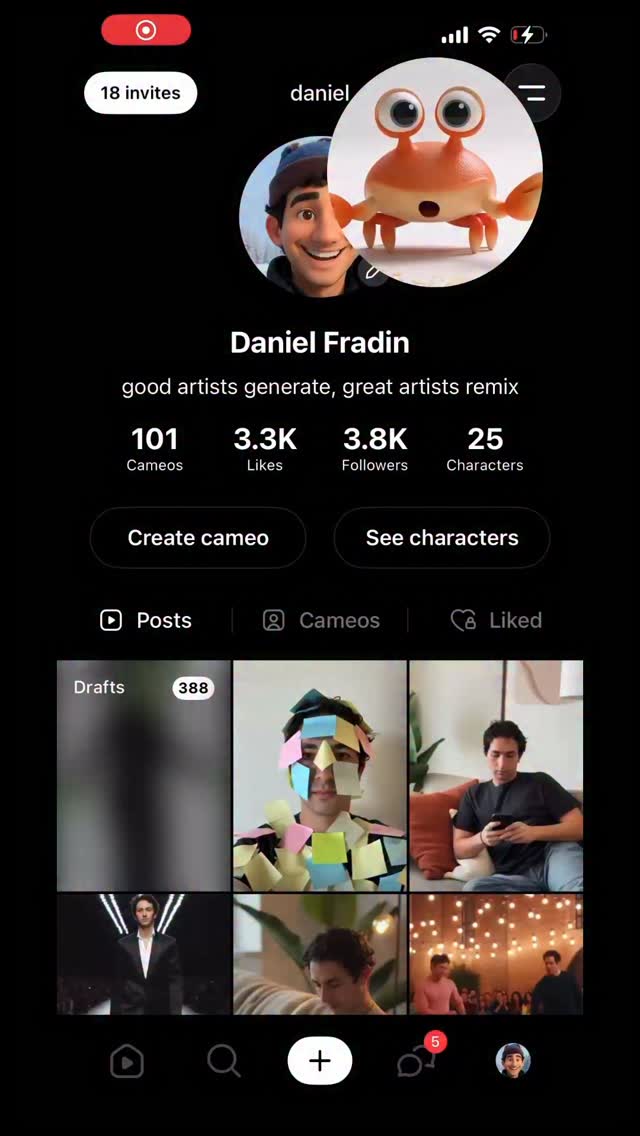 Instagram post by @soraofficial for OpenAI. Caption reads: 🦀 how to create and use character cameos in the....