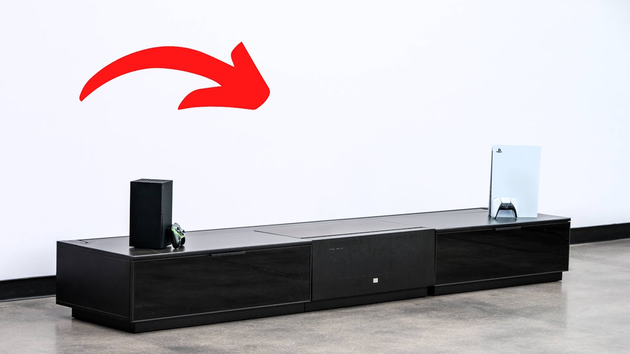 YouTube post by @unboxtherapy for Awol Vision. Caption reads: The Huge 120-inch Vanishing TV.