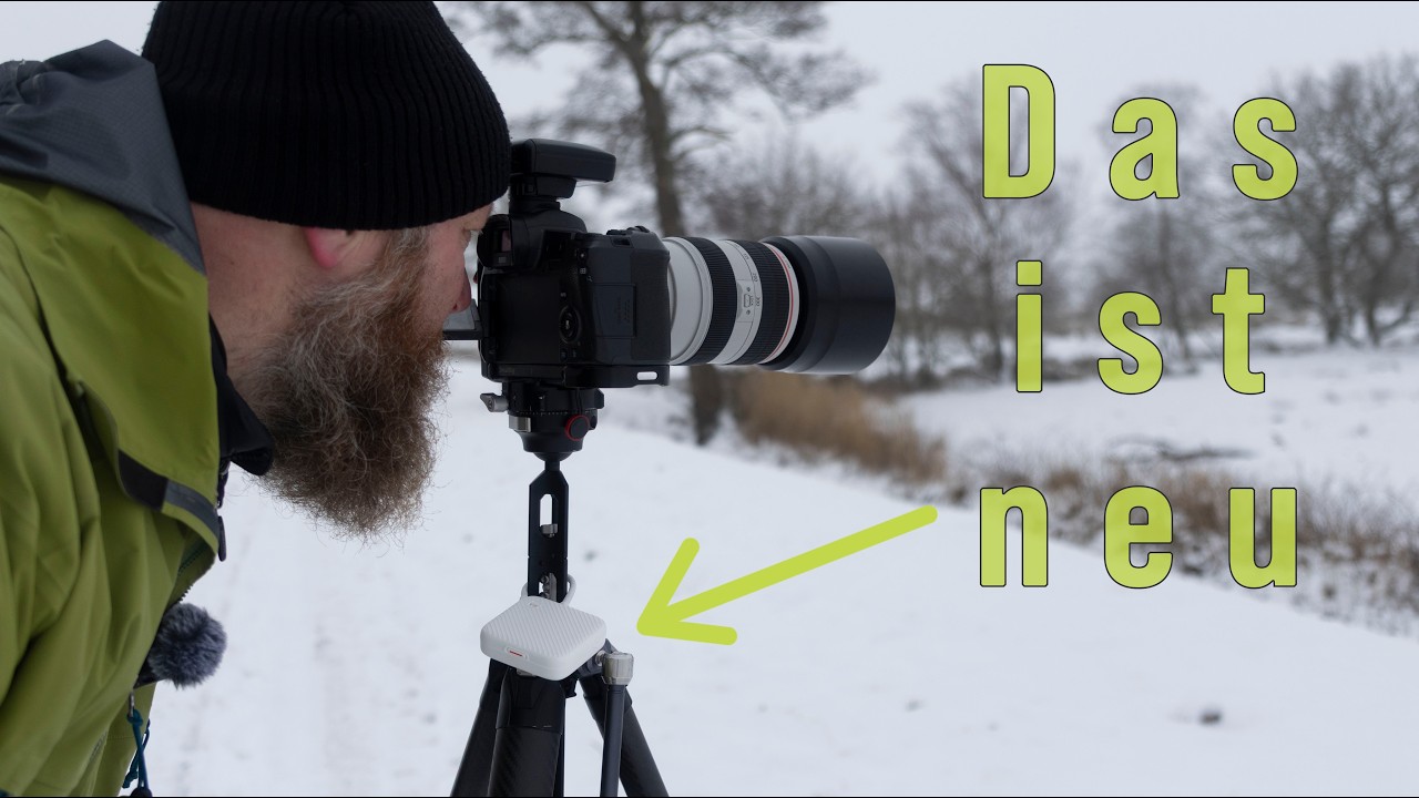 YouTube post by @larsbergmannphotography for PGYTECH. Caption reads: Photographing in the snow and a small helper..