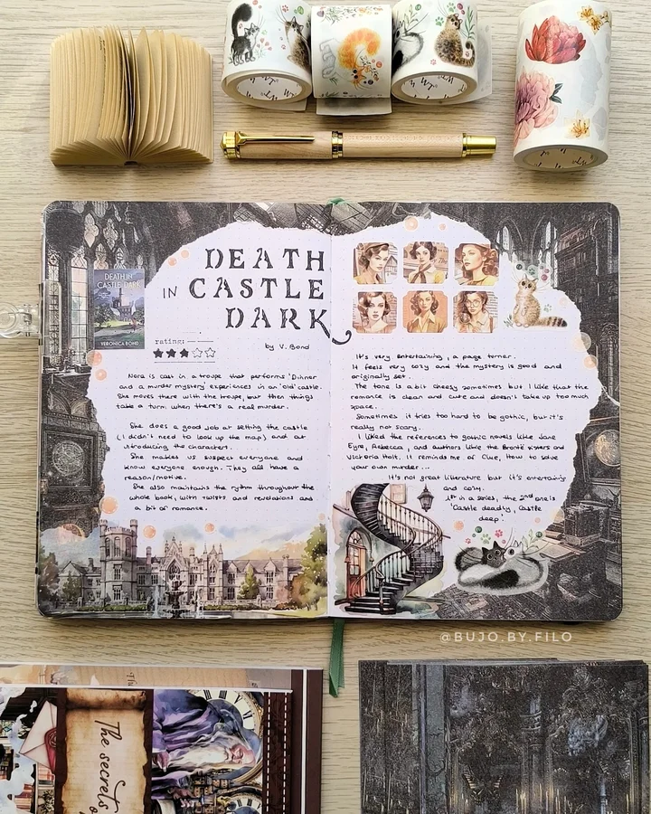 Instagram post by @bujo.by.filo for Ellington Pens. Caption reads: 🏰 Death in Castle Dark by Veronica Bond....