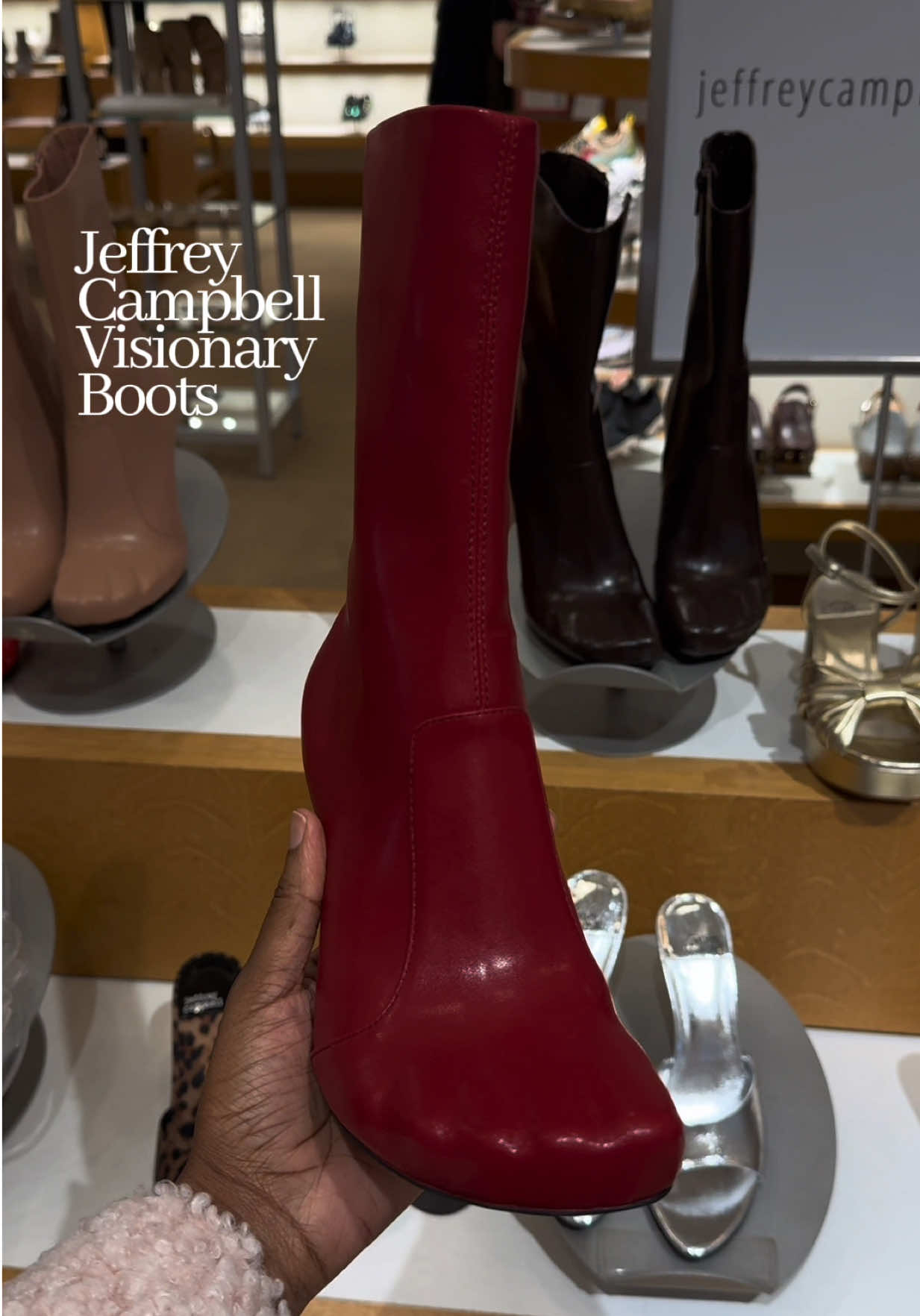 TikTok post by @down_forkimmy for Jeffrey Campbell Shoes. Caption reads: When I say I need a unique mid-calf boot, this is....