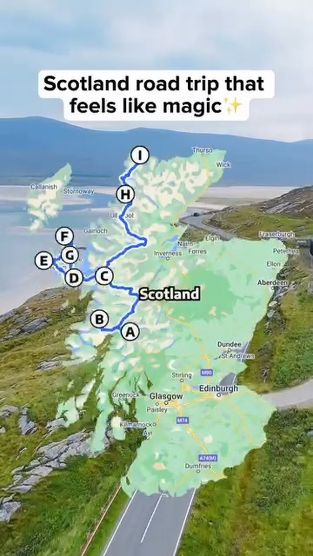 Instagram post by @100scotland for roadsurfer. Caption reads: [...] — which stop would you pick first? 🎥....