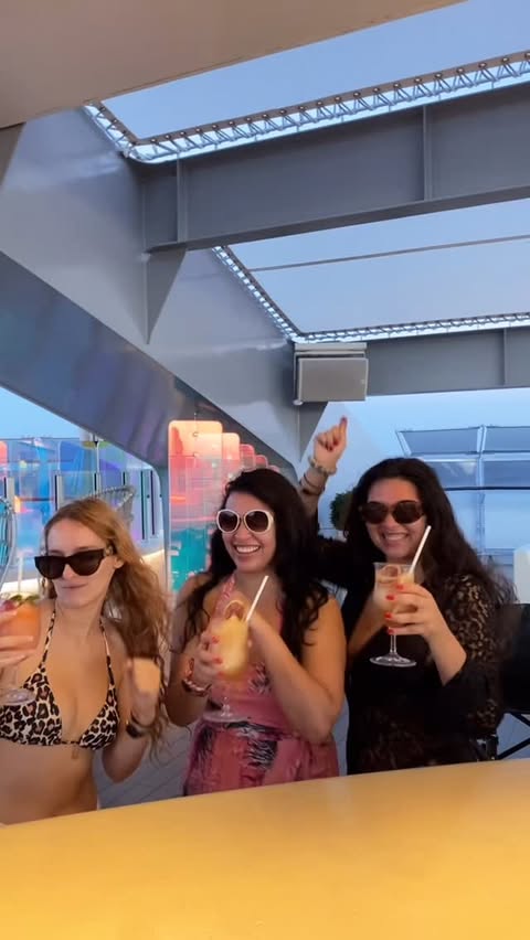 Instagram post by @anapaulamedia for Virgin Voyages. Caption reads: Happy hour is the best hour at the @virginvoyages....