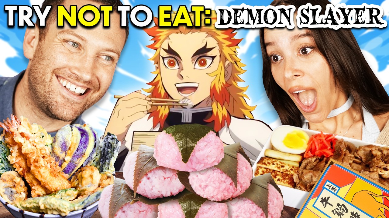 YouTube post by @PeopleVsFood for Crunchyroll. Caption reads: Try Not To Eat: Demon Slayer.