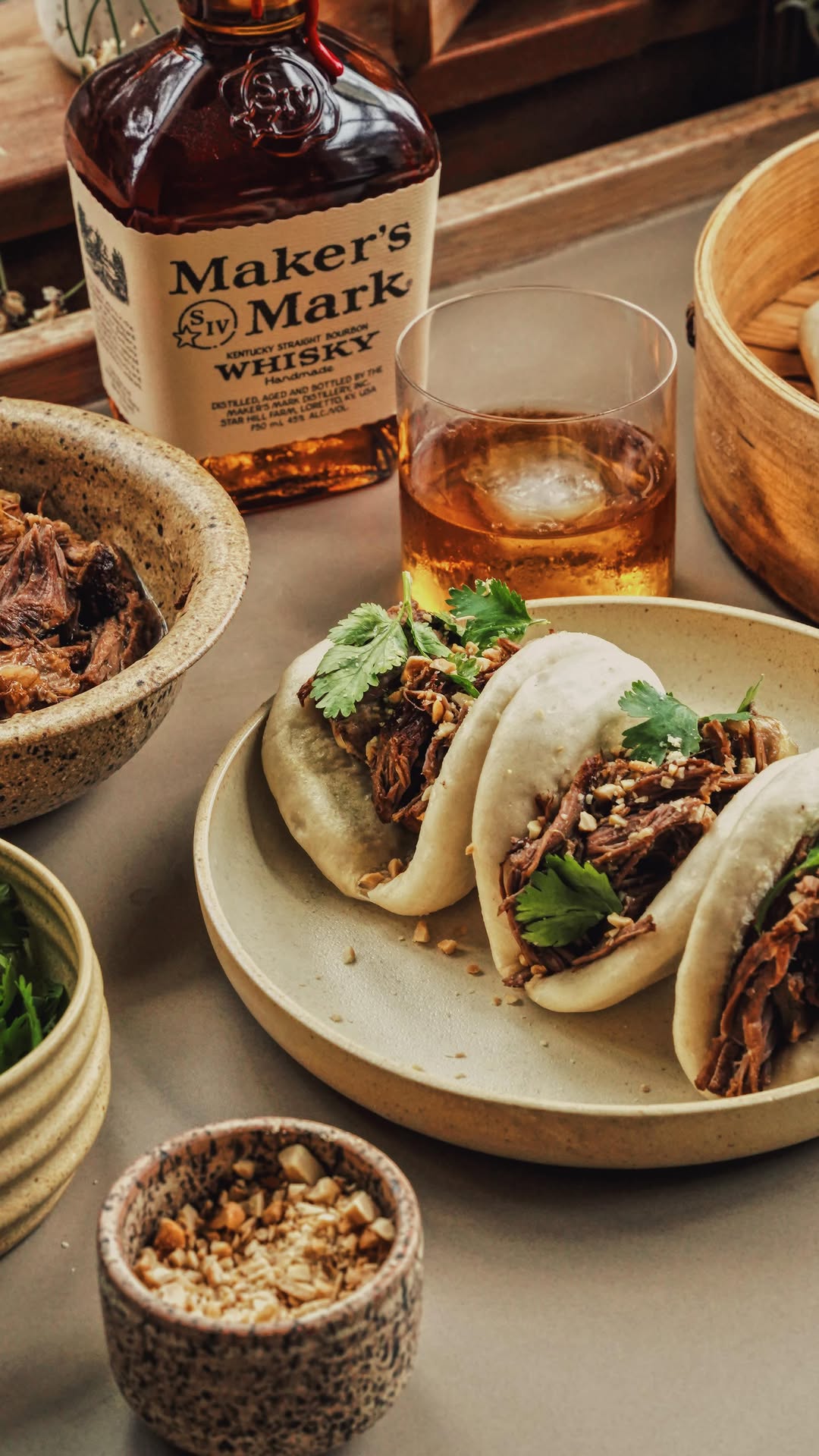 Instagram post by @littlefatboyfrankie for Maker’s Mark. Caption reads: WHISKEY MAPLE PORK GUA BAO 🐷🥃 I’m so excited to....