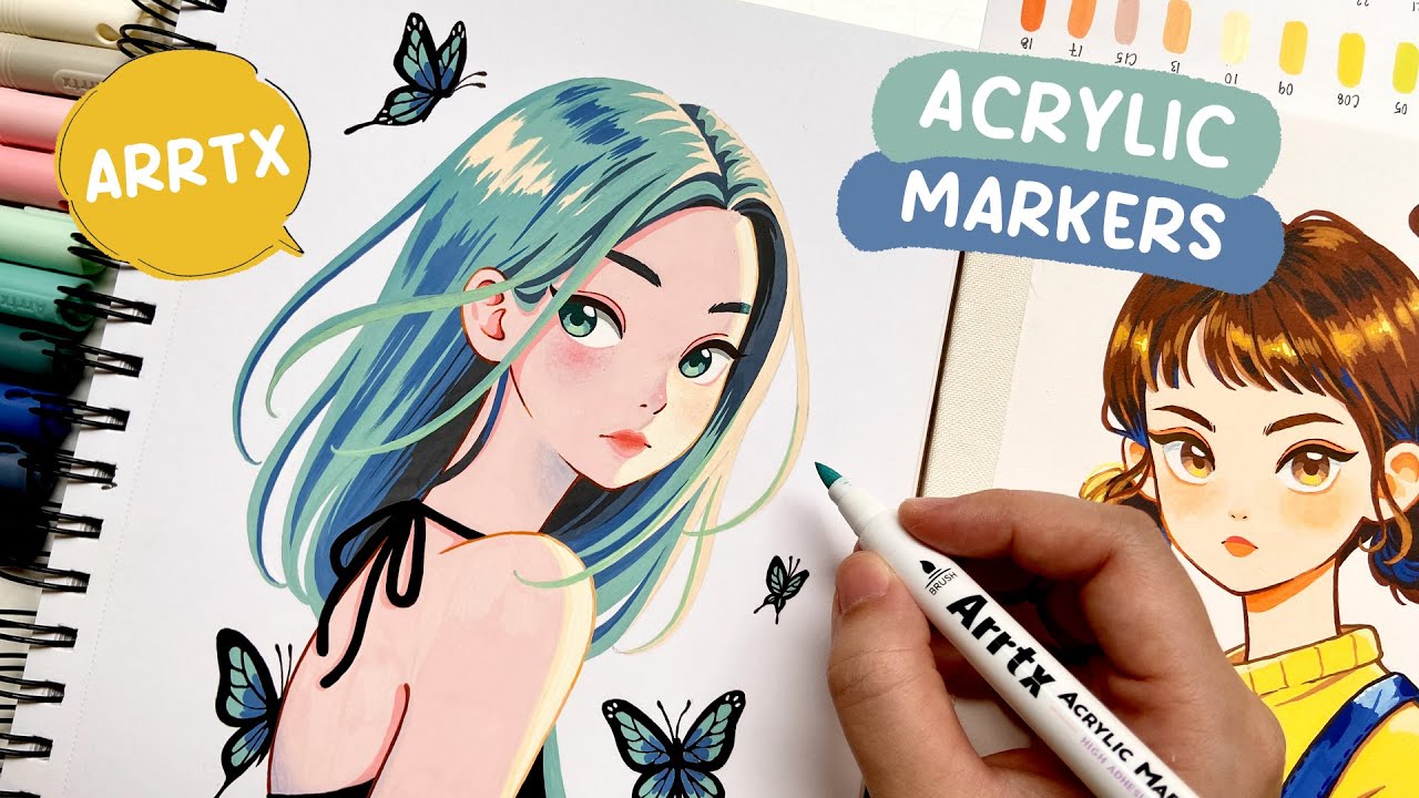 YouTube post by @meecoart for Arrtx. Caption reads: 🦋 Trying Out New Markers / Arrtx Acrylic Markers....