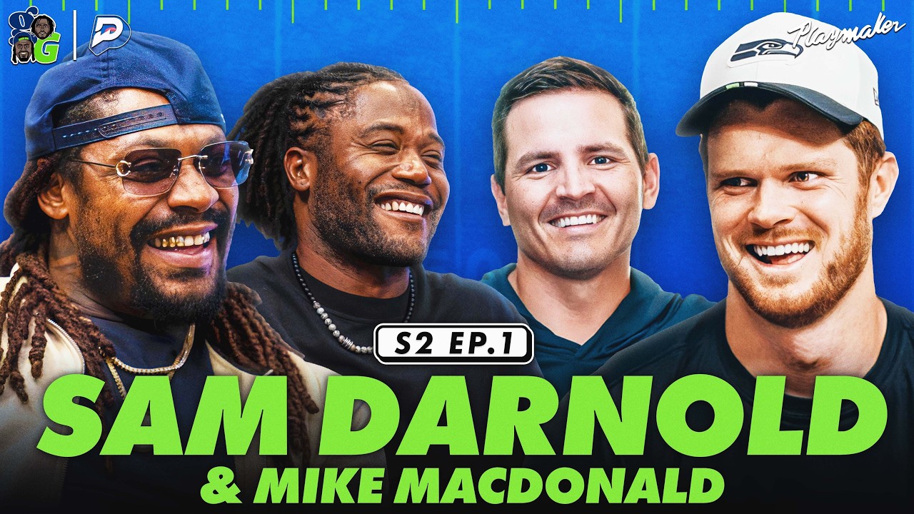 YouTube post by @GetGotPod for Tommy John. Caption reads: Marshawn Welcomes QB Sam Darnold To The Seahawks,....