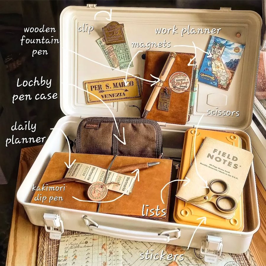 Instagram post by @my_travelers_notebook for Ellington Pens. Caption reads: A suitcase full of wonderful things! This Box from....