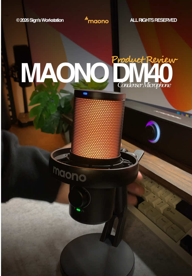 TikTok post by @workstation.ni.sign for MAONO. Caption reads: Leveling up the studio with the Maono DM40....