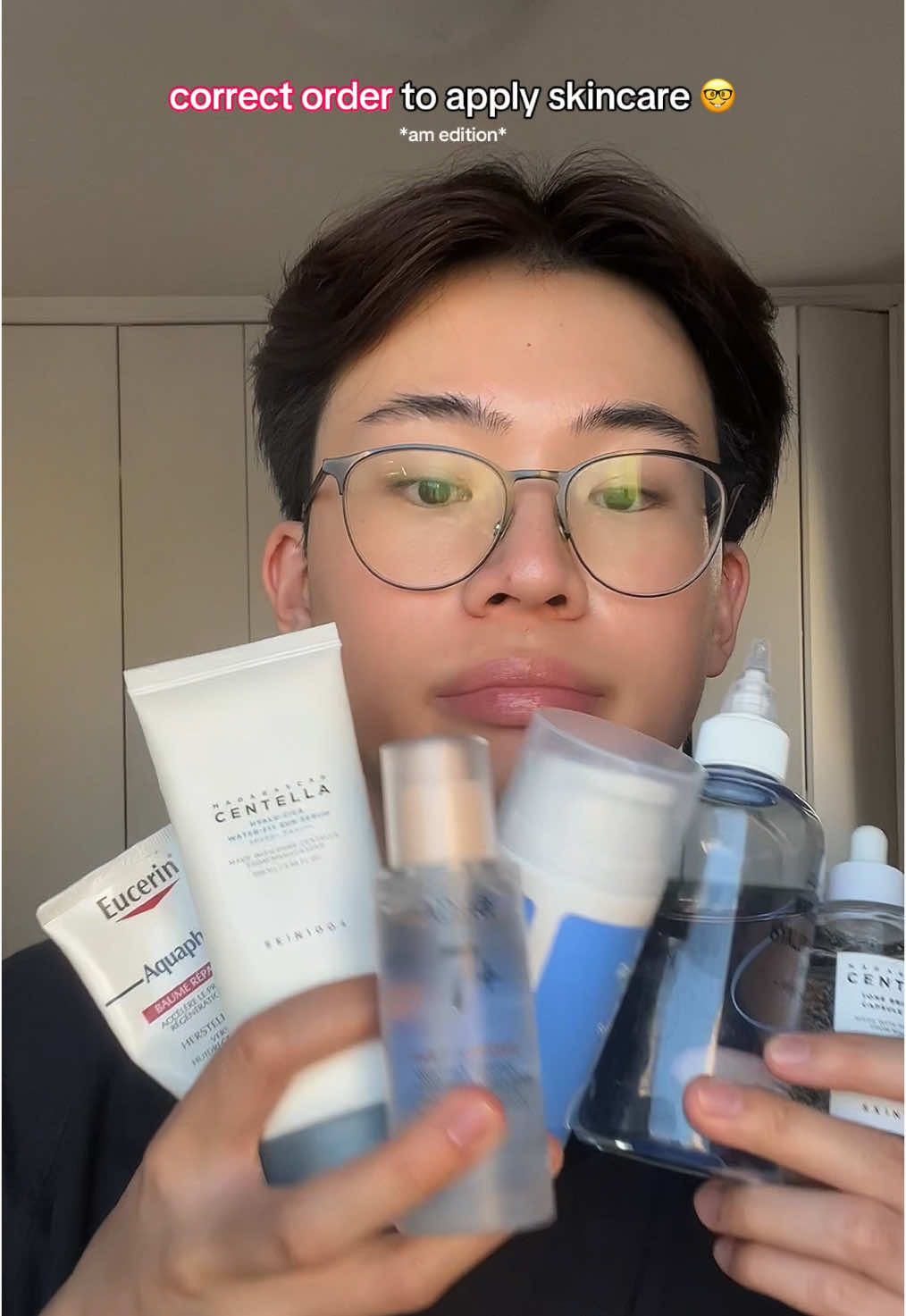 TikTok post by @linpascalin for Avène. Caption reads: beginner Korean skincare routine correct order day....