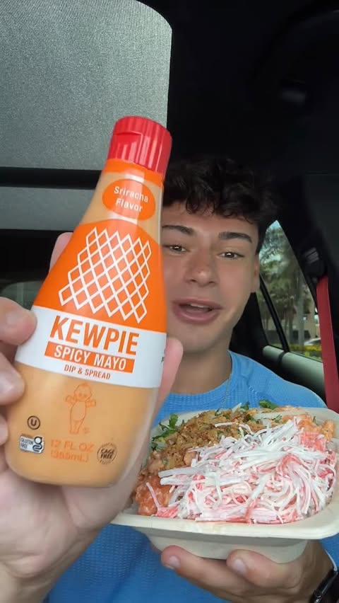 Instagram post by @dylaneatss_ for Kewpie. Caption reads: #ad Poke Bowl & Burrito Mukbang w/ @kewpieusa!!....