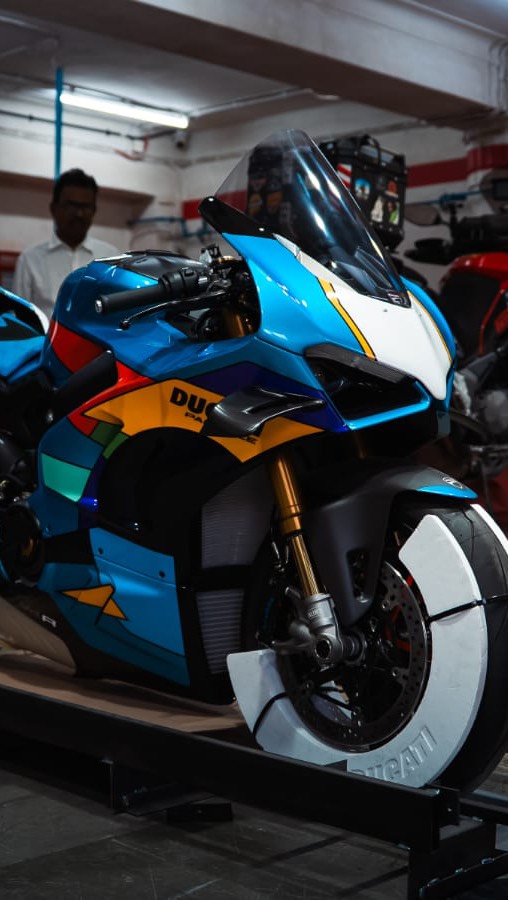 Instagram post by @raj_patil09 for Ducati. Caption reads: Asia’s First Ducati Panigale V4R UNICA....