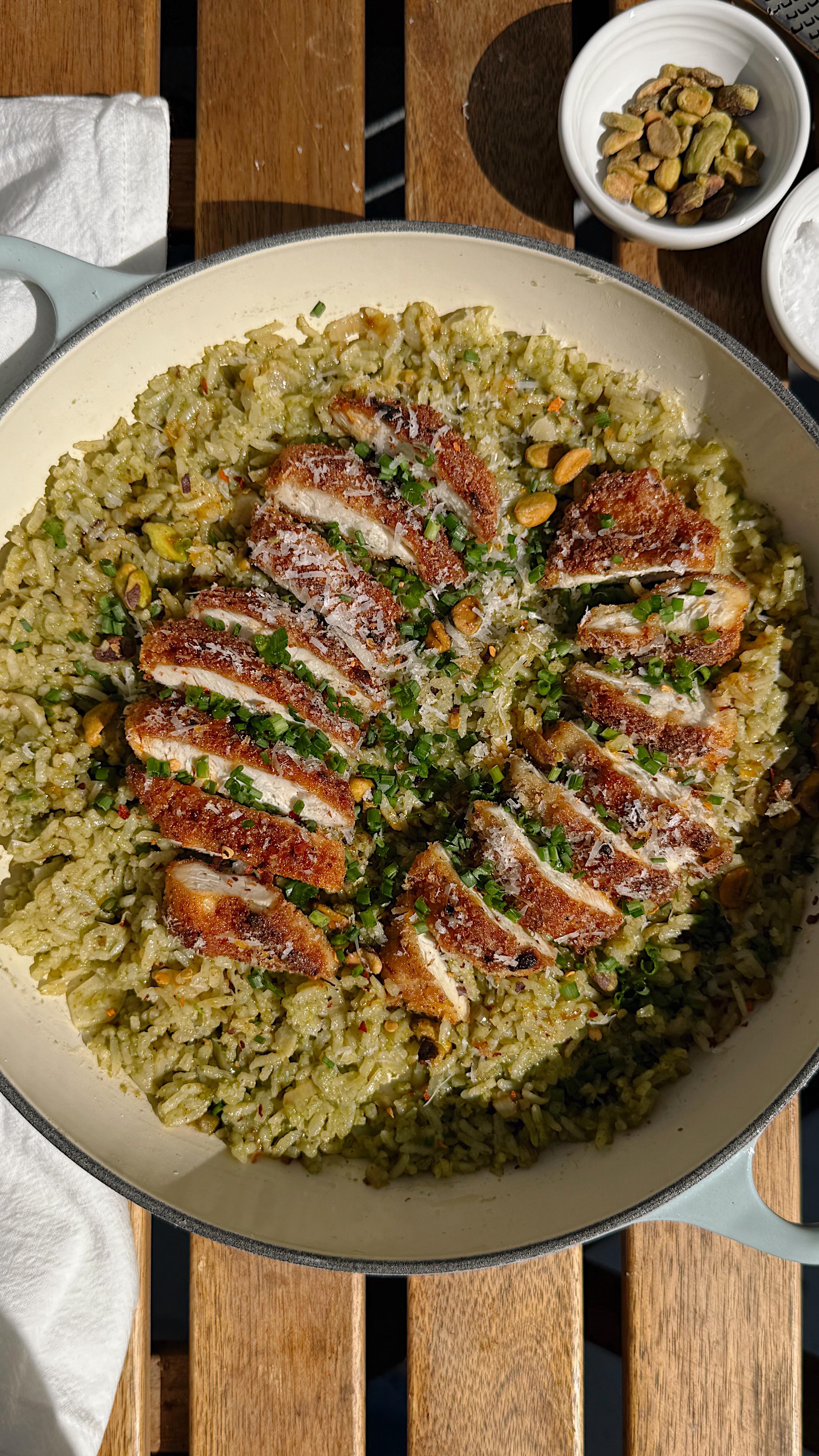 Instagram post by @kulas_kitchen for Le Creuset. Caption reads: let’s make a one pot crispy chicken with pesto....