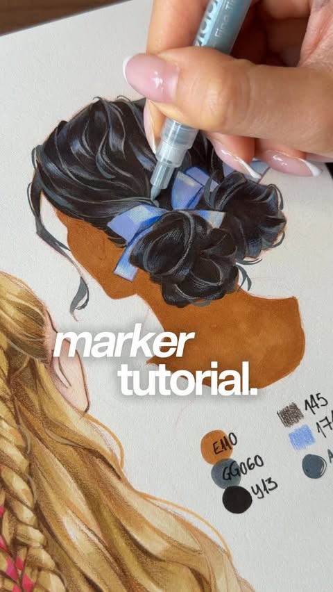Instagram post by @sunfwer for Ohuhu Art Supplies. Caption reads: oops long requested hair tutorial 🏷️markers:....