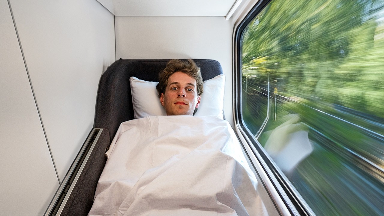 YouTube post by @ChrisHowett for Saily. Caption reads: I Rode a Sleep Pod Train Across Europe.