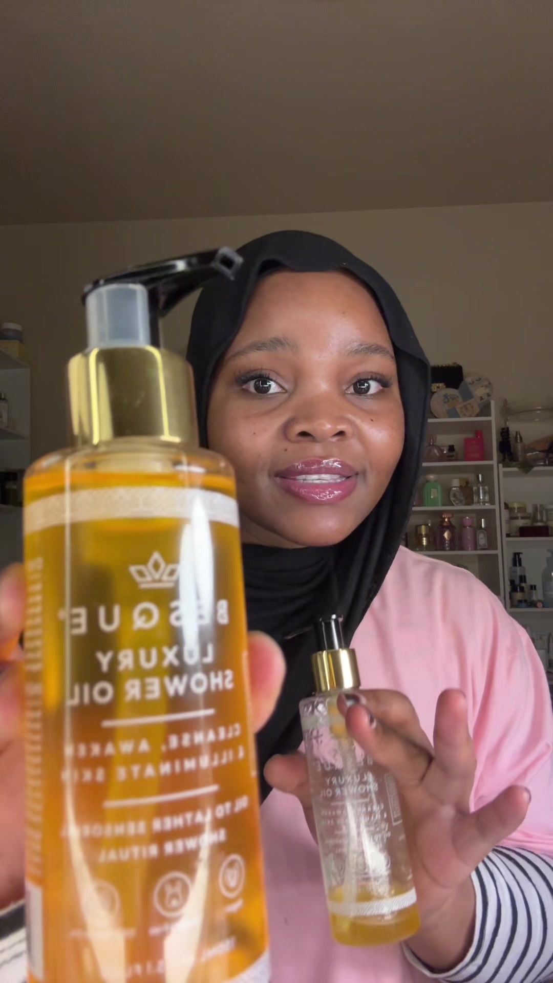 TikTok post by @rehemaissa33 for Besque. Caption reads: The Besque Shower Oil leaves my skin feeling so....