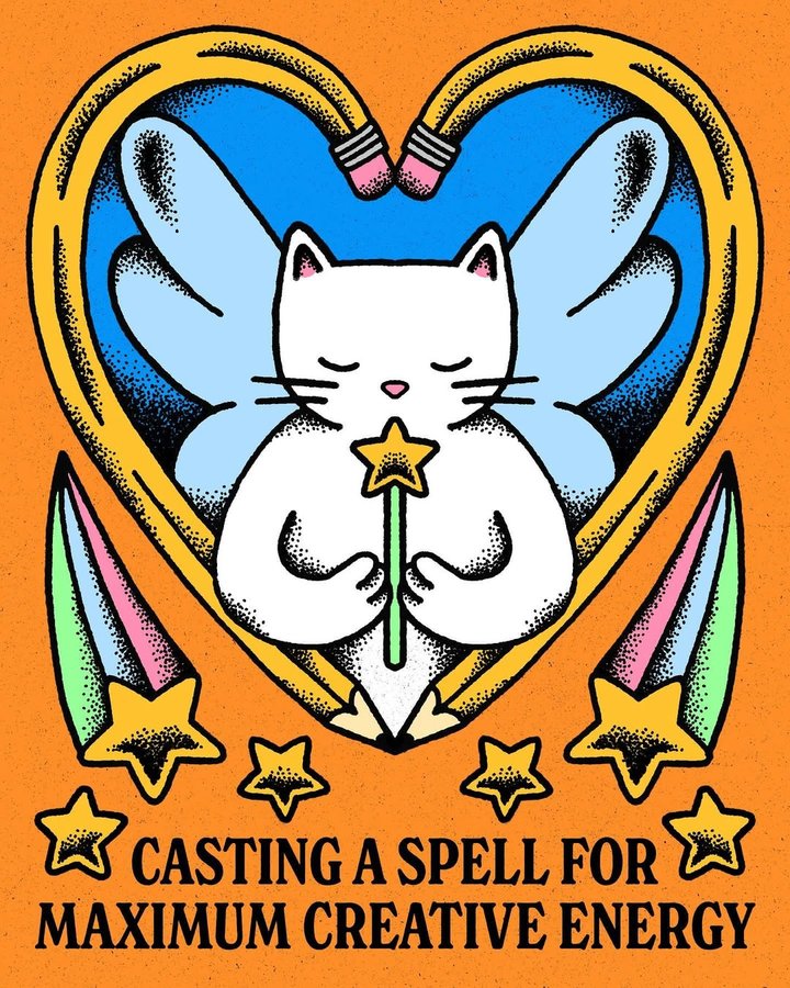 Instagram post by @renographics for WeTransfer. Caption reads: magic fairy cat is bringing all the creative....