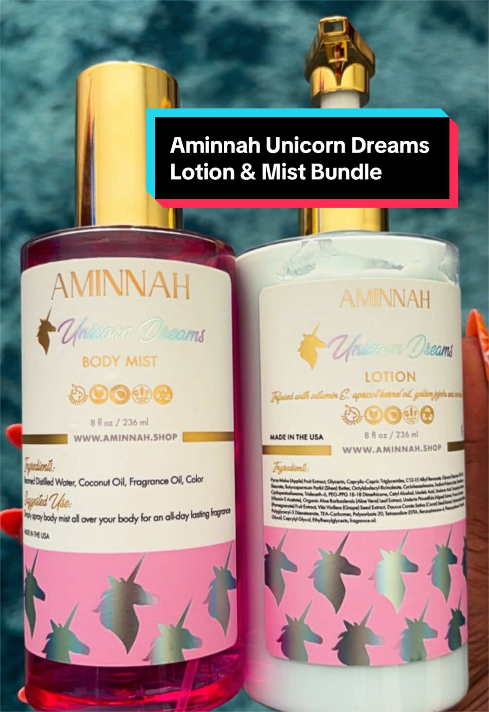 TikTok post by @itsniquasthing for Aminnah. Caption reads: Aminnah Skincare’s body lotion and mist set- [...].