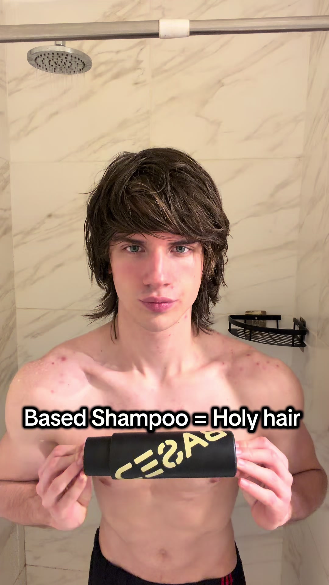 TikTok post by @gregomndz for Based Bodyworks. Caption reads: @BASED #shampoo #based #holy #haircare #tutorial.