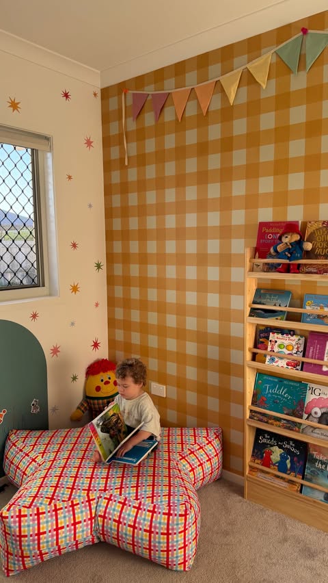 Instagram post by @sarahjayyde for Photowall. Caption reads: [...] off the yellow gingham wallpaper from....