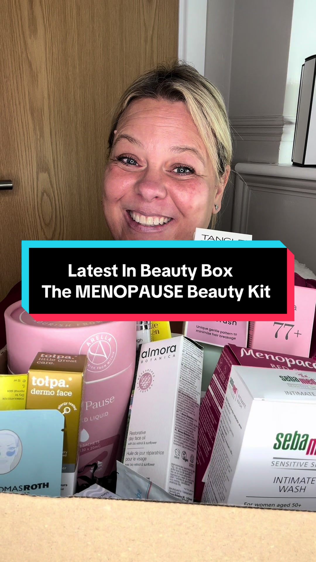 TikTok post by @teresa_serena for Latest in Beauty. Caption reads: What an amazing box for us women. Thank you....