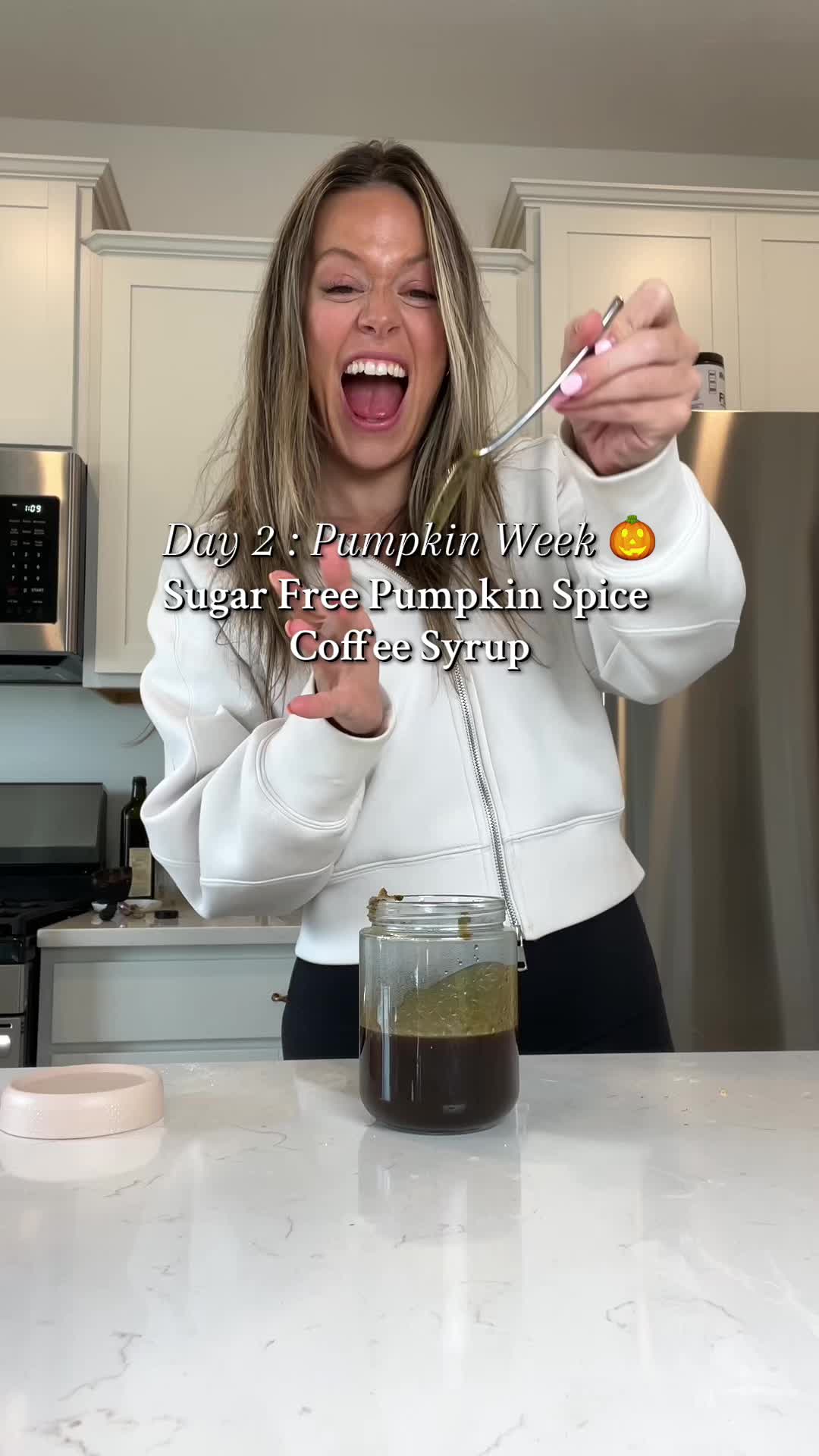 TikTok post by @nicolehoskens for Truvia. Caption reads: Homemade pumpkin spice coffee syrup that is Sugar....