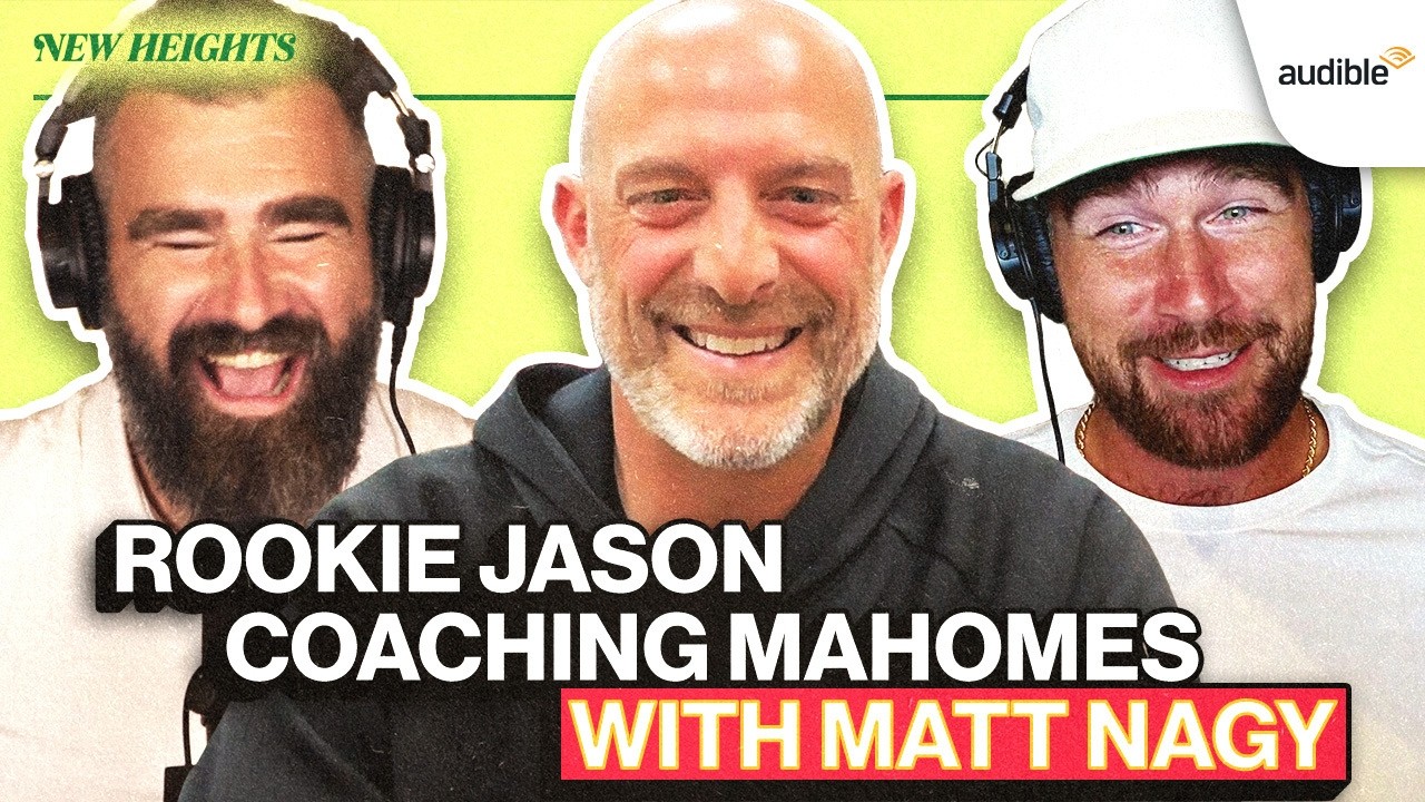 YouTube post by @newheightshow for DraftKings. Caption reads: Chiefs Matt Nagy on his Mahomes 'Cheating', Rookie....