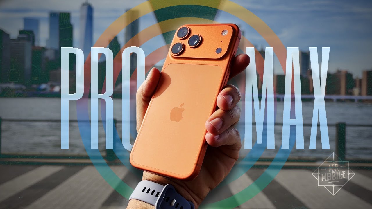 YouTube post by @TheMrMobile for iFixit. Caption reads: iPhone 17 Pro Max Review: Against The Grain.