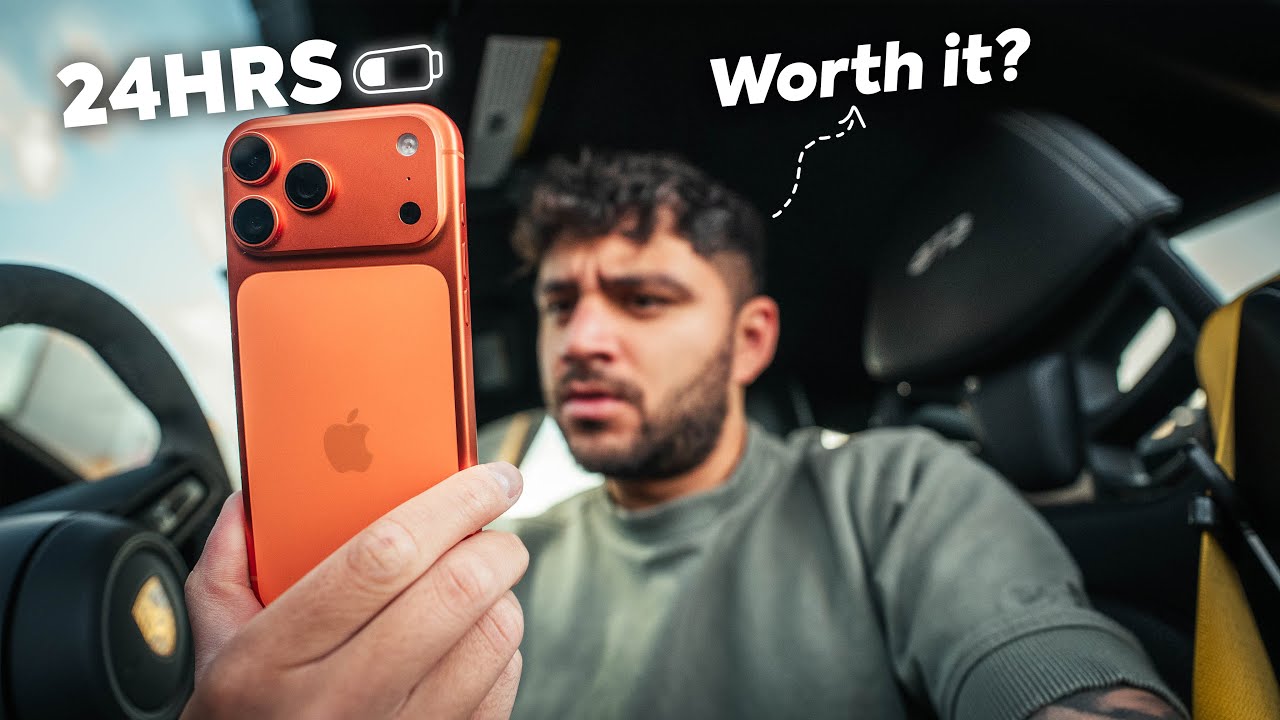 YouTube post by @andresvidoza for Grovemade. Caption reads: Life with iPhone 17 Pro Max (REAL Camera + Battery....