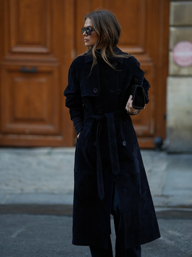 Instagram post by @lu.hough for RISE & FALL. Caption reads: When your coat is the outfit at PFW @riseandfall....