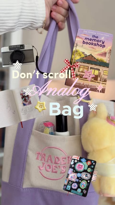 Instagram post by @latyfashome for Trader Joe's. Caption reads: Cool girls don’t scroll. They go analog. A bag....