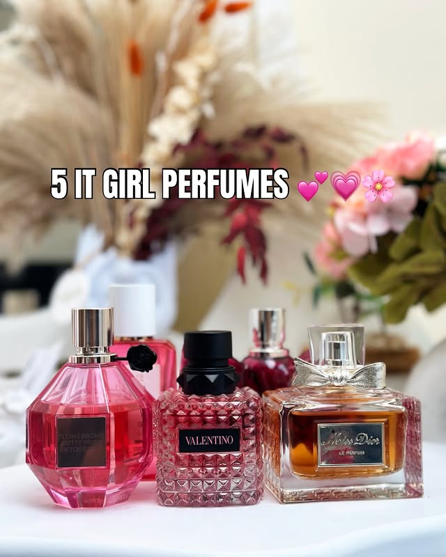 Instagram post by @vicckyalfa for Ellis Brooklyn. Caption reads: #pinkwednesday ft 5 it girl perfumes you need in....