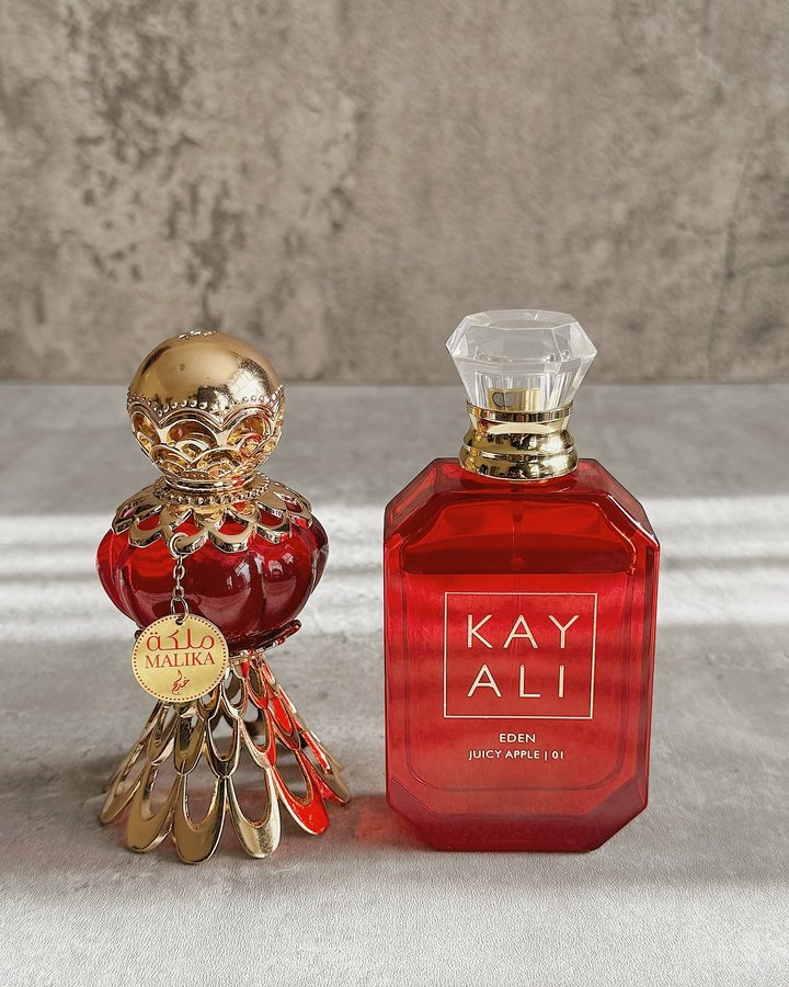 Instagram post by an influencer for KAYALI FRAGRANCES. Caption reads: Starting the week on a juicy note🍎 😍 My scent of....