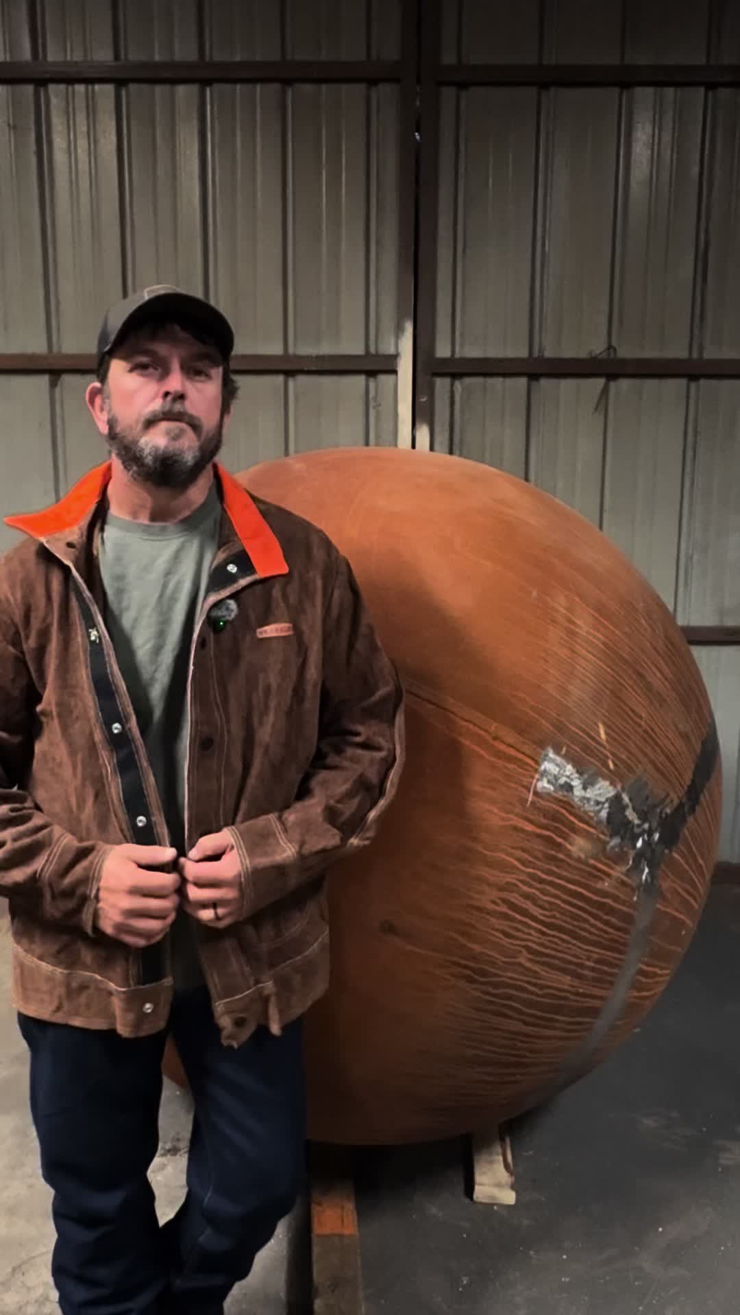 TikTok post by @purviancemetalart for YesWelder® Official. Caption reads: New leather welding jacket. This is going to save....