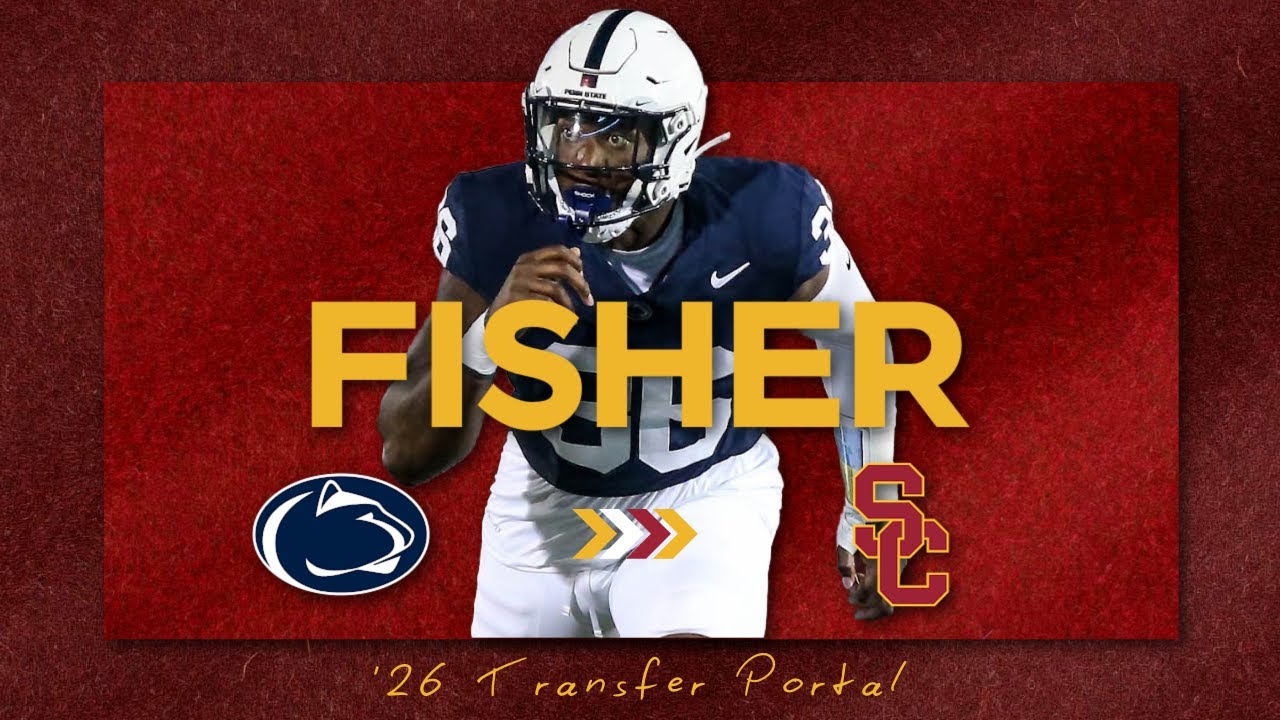 YouTube post by @TheTrojanBlade for Underdog Fantasy. Caption reads: 7th Year DE Zuriah Fisher Transfers to USC....