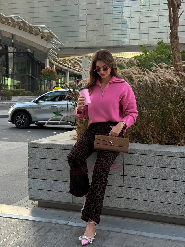 Instagram post by @noor.odehh for Trendyol. Caption reads: Winter blush meets leopard luxe 🐆 🩷 shop my full....