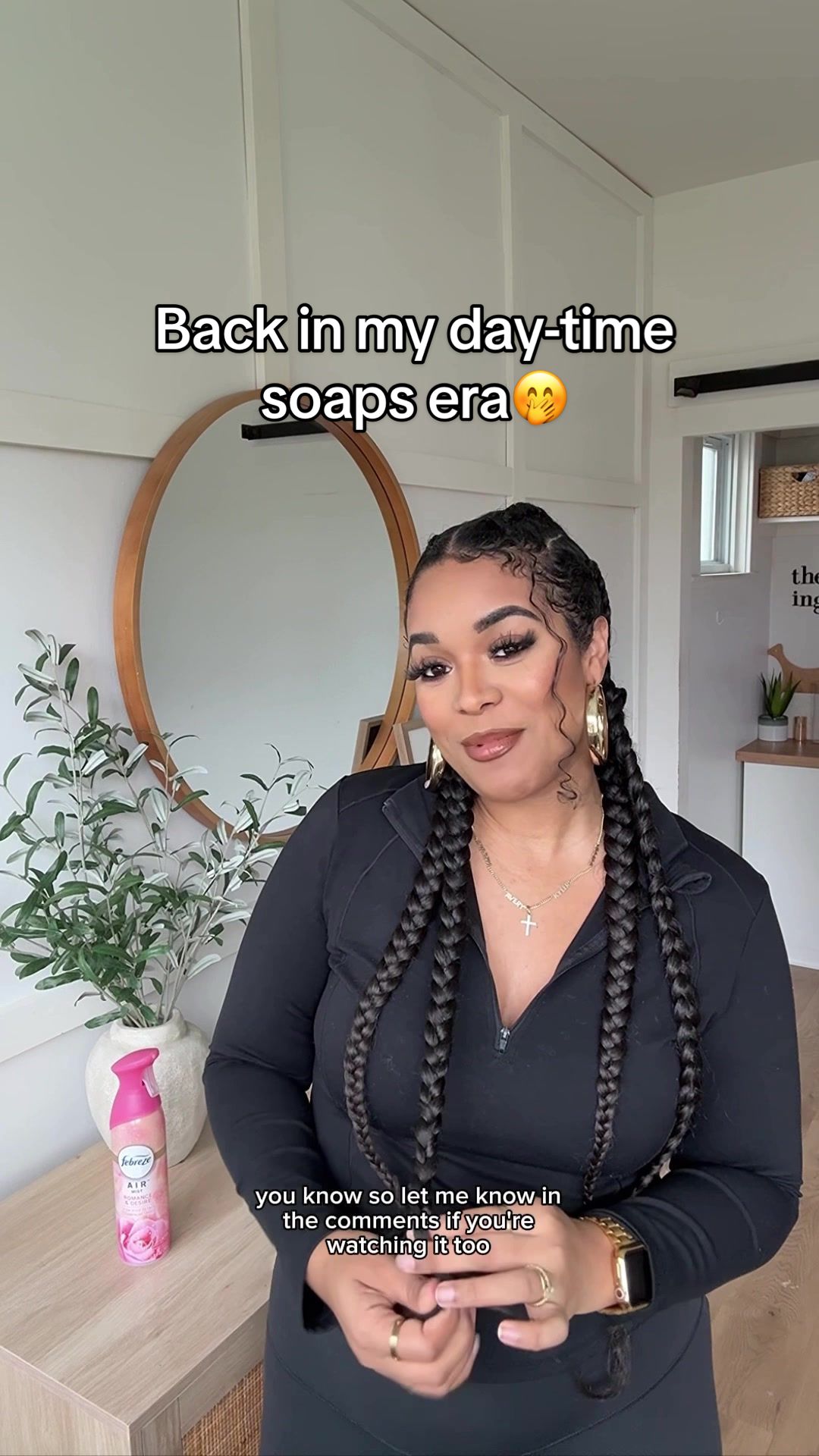TikTok post by @kathlynceleste for Febreze. Caption reads: I’m back in my soap era with Beyond the Gates on....