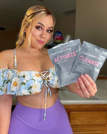 Instagram post by @yoyacastillo_ for Flat Tummy Tea. Caption reads: #ad I absolutely love how I feel from my....