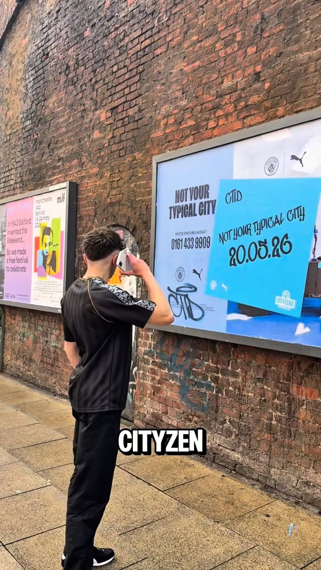 Instagram post by @city.hq for PUMA Football. Caption reads: [...] 👀 #NotYourTypicalCity @mancity....