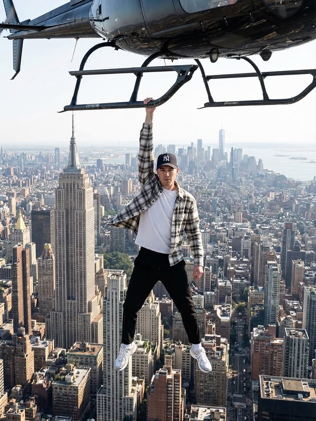 Instagram post by an influencer for Higgsfield AI. Caption reads: Travelling on a budget ✨🚁 made with....