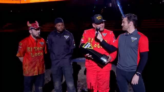 Instagram post by @armando_castro for Monster Jam. Caption reads: [...] @bkt.sport Overall event champion 🏆....