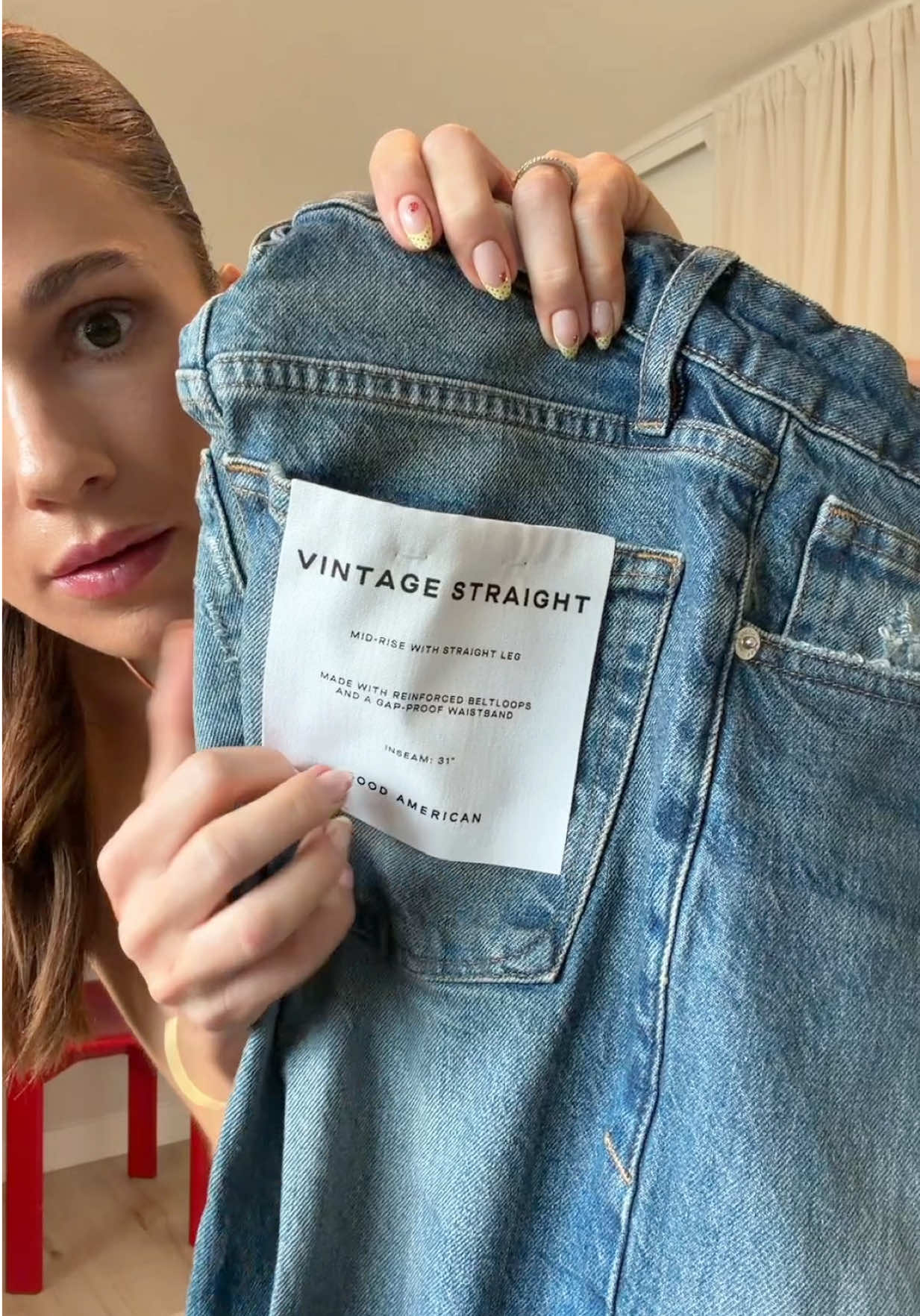TikTok post by @evachapmann for GOOD AMERICAN. Caption reads: NEW👖🎞️ VINTAGE STRAIGHT @GOOD AMERICAN The....