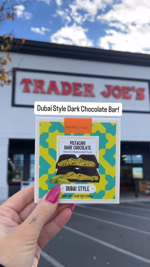 Instagram post by @coolrandomfinds for Trader Joe's. Caption reads: ✨Back @traderjoes ✨ #ad Patislove Dubai Style Dark....