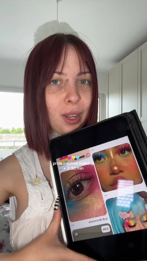 Instagram post by @chiaradimprima for essence cosmetics. Caption reads: xxl makeup tutorial 🩰🌈☁️ #pride #pridemakeup....