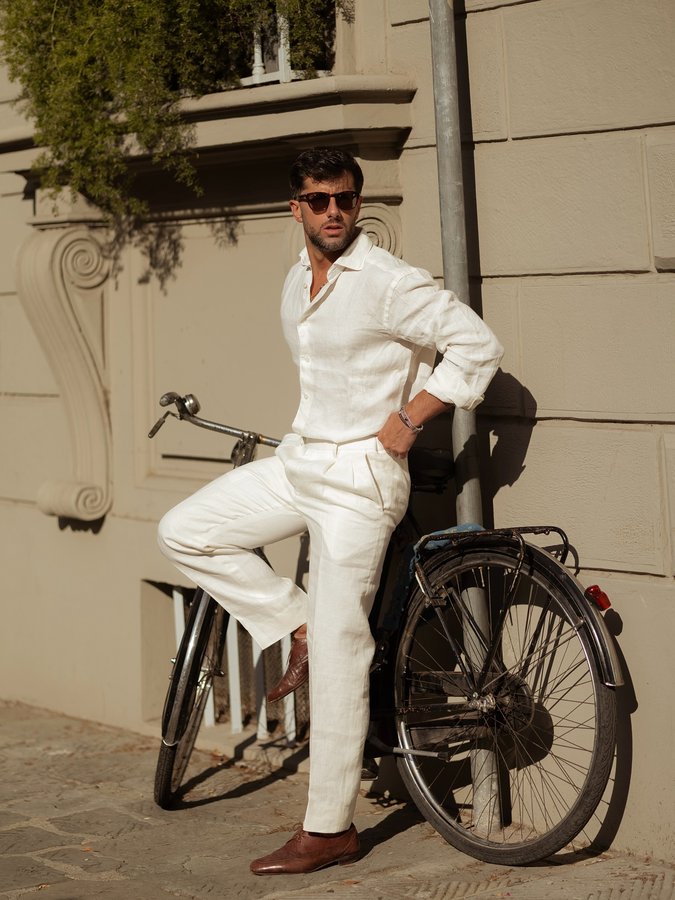 Instagram post by @dominus_dp for Eton Shirts. Caption reads: [...] elegance in a white linen shirt by....