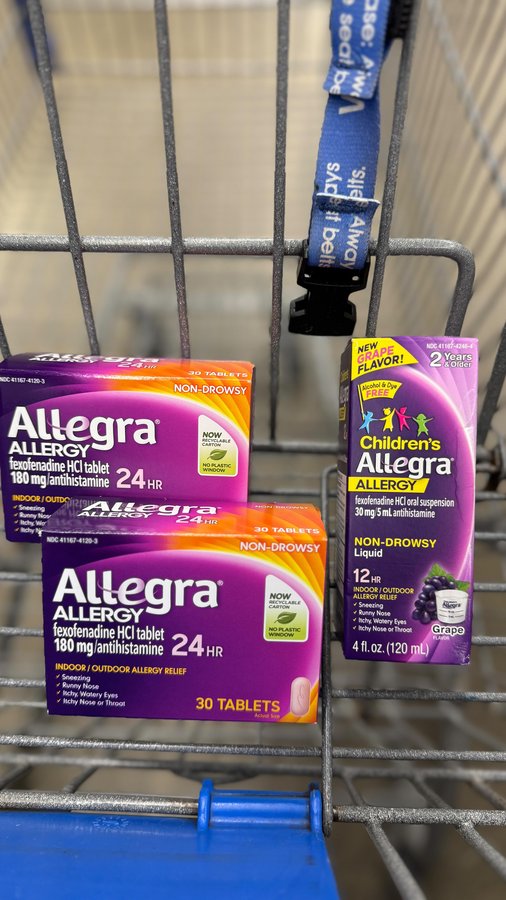 Instagram post by @walmartgems for Allegra OTC. Caption reads: [...] now! 🤧💨 *Starts working in one hour....