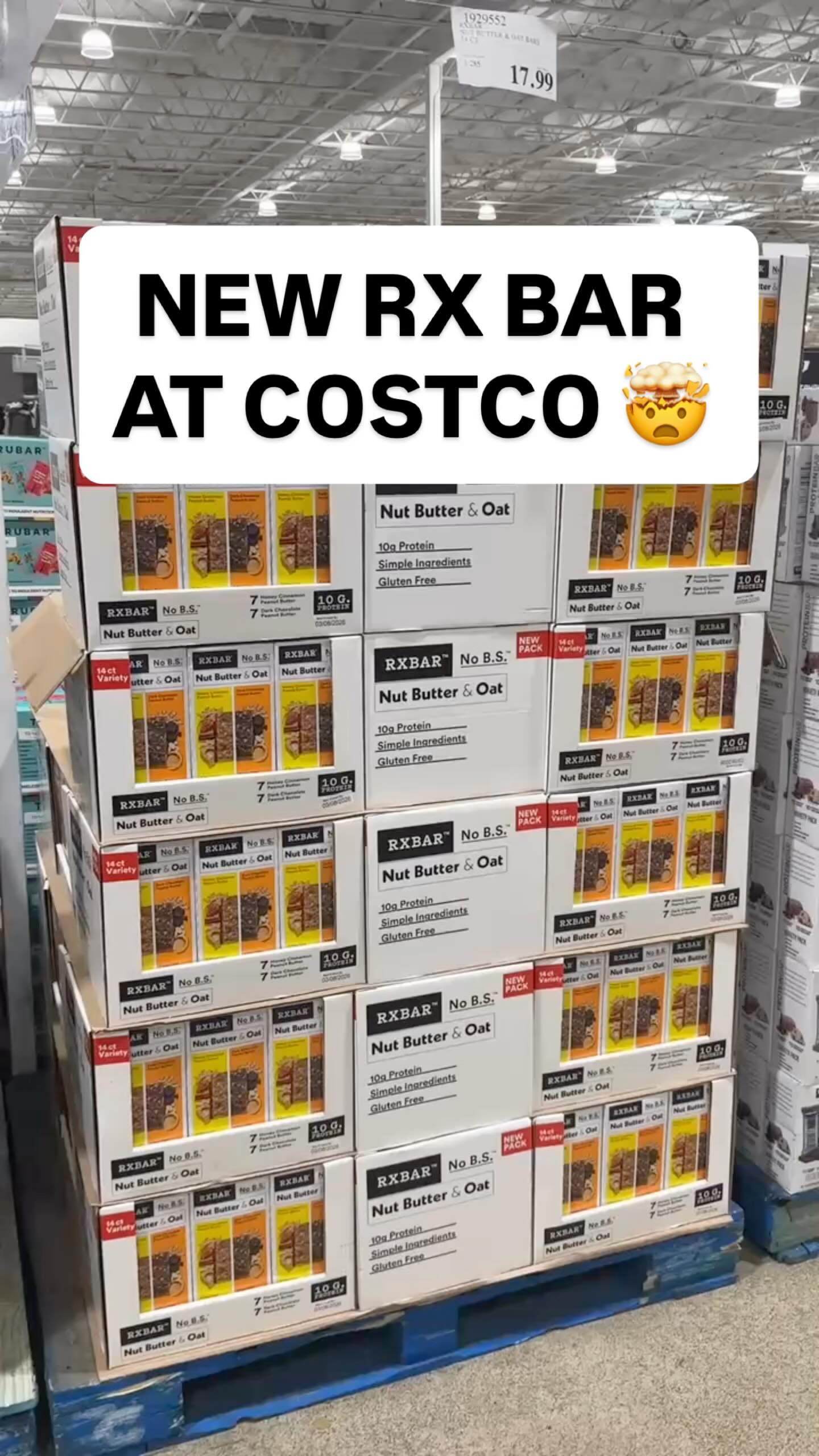 Instagram post by @costcofam4u for RXBAR. Caption reads: 💪 NEW RX BAR AT COSTCO

$17.99
1929552

🚫NOT....