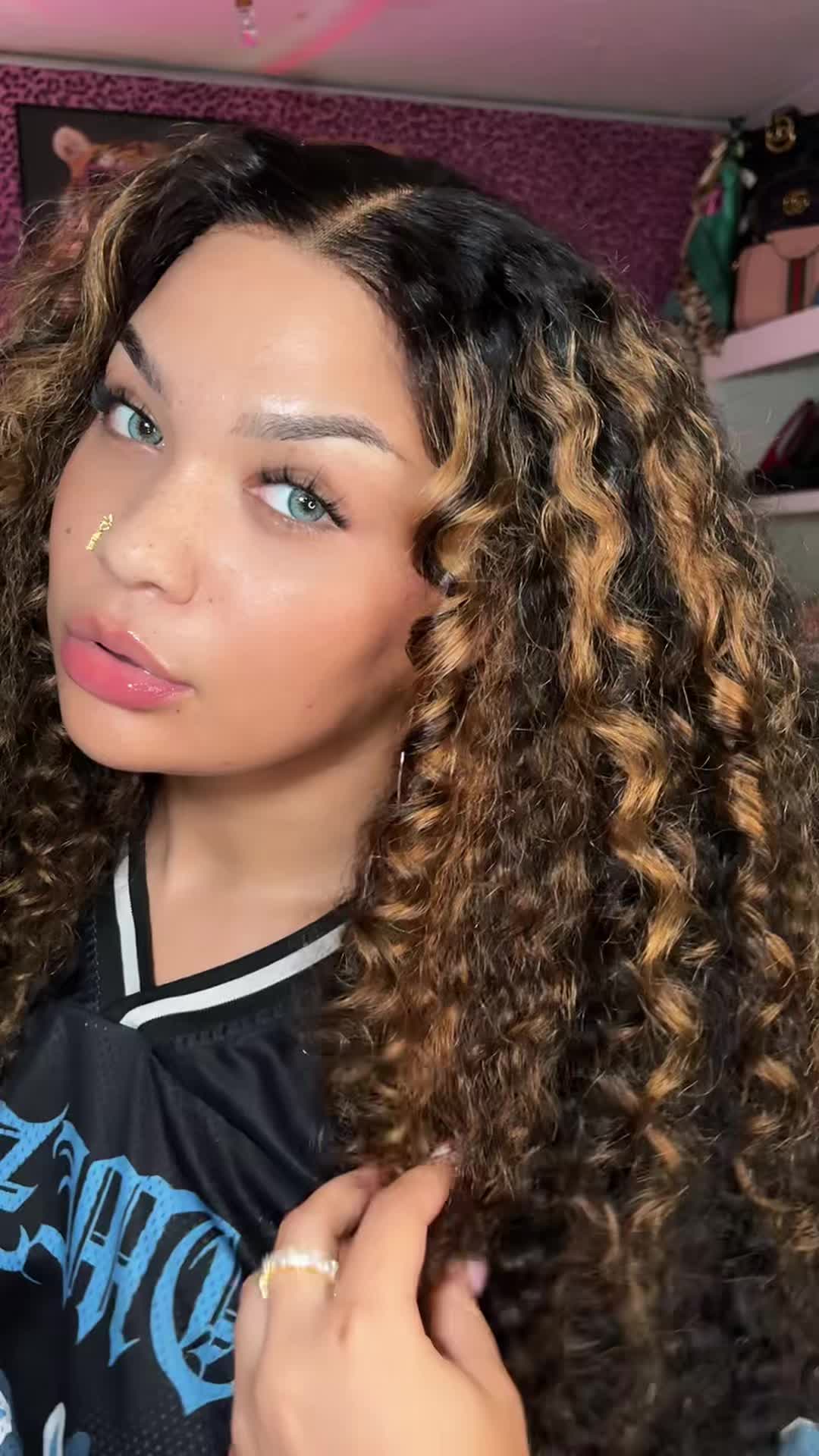 TikTok post by @pressedby_dg for Amanda Hair. Caption reads: These curls are so pretty 😍 @amandahair....